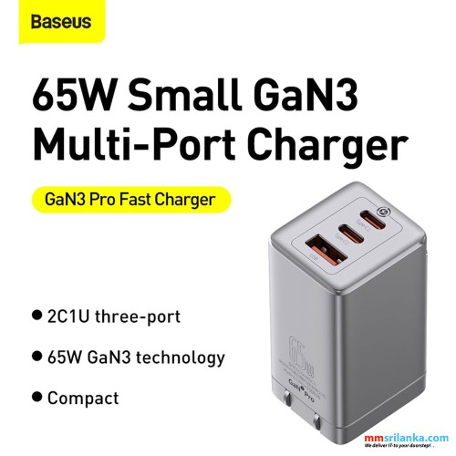 Baseus GaN3 Pro 65W Fast Charger 2C+U CN Silver With Type-c to Type-c 100W Cable